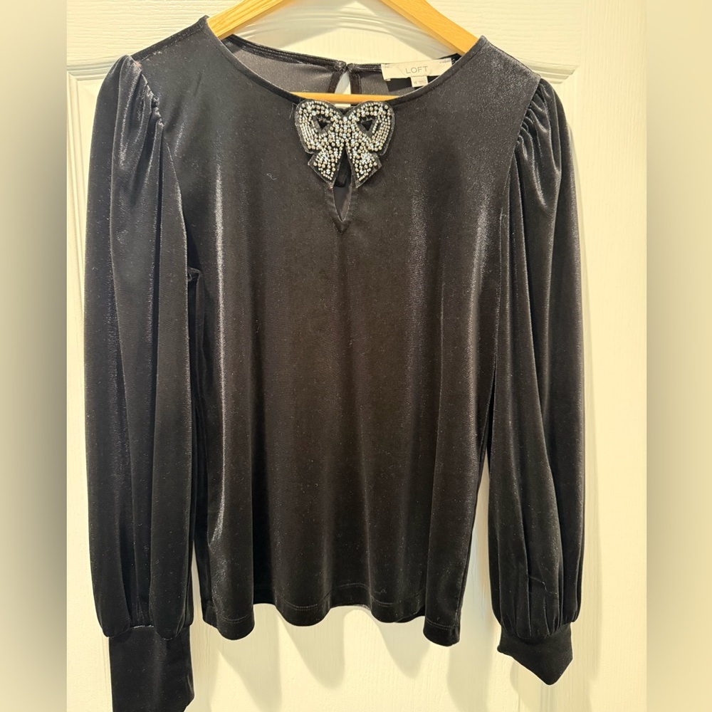 LOFT Black Velvet Long Sleeve Top with Beaded Bow Neckline
